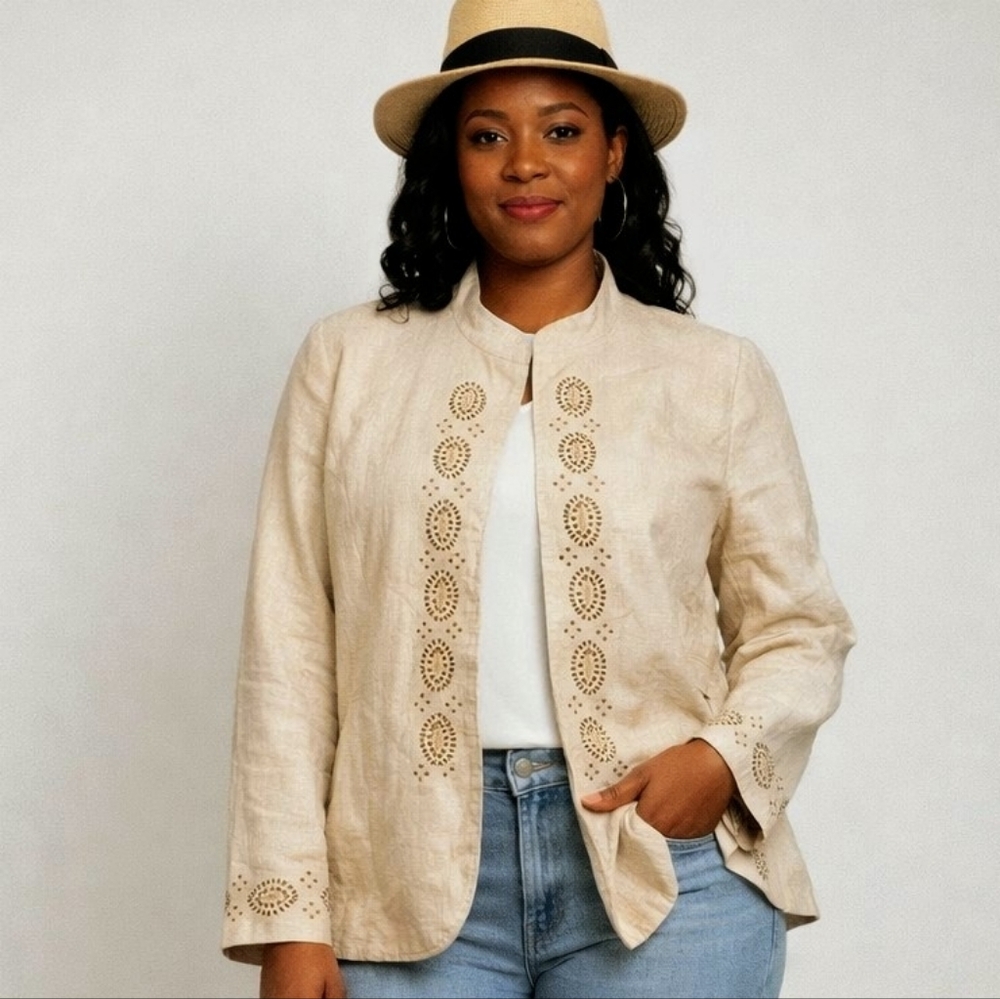 Linen Vintage 90's Cream Jacket Beaded Accent 20W Boho Chic Ethnic Old Money